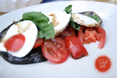 Grilled Eggplant, roma tomatoes, fresh basil, buffalo mozzarella. Finish with olive oil and balsamic vinegar